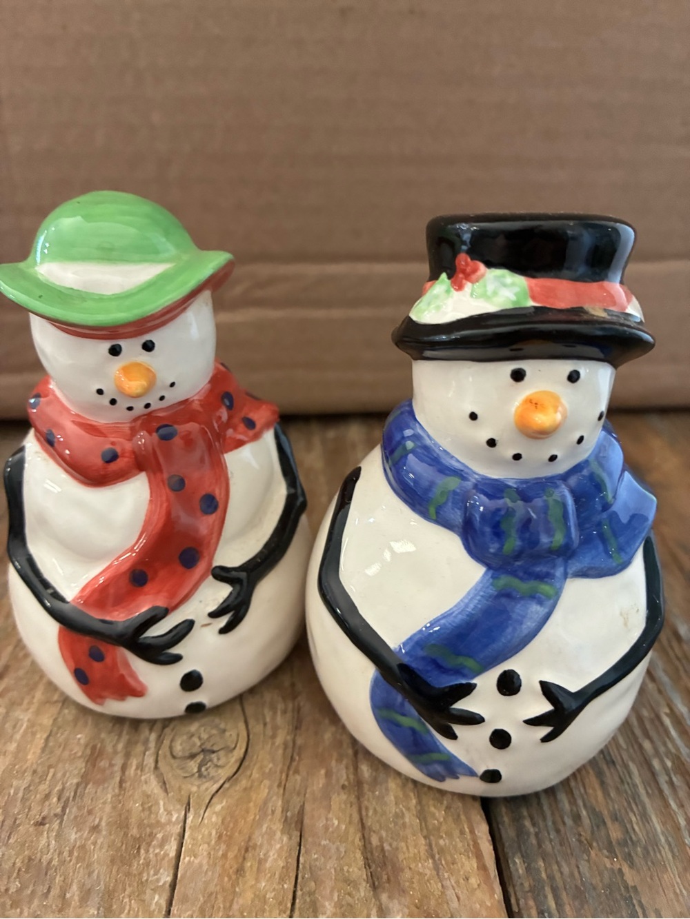 Festive Snowman Salt and Pepper Shaker Set - White with Red, Blue, Green Accents